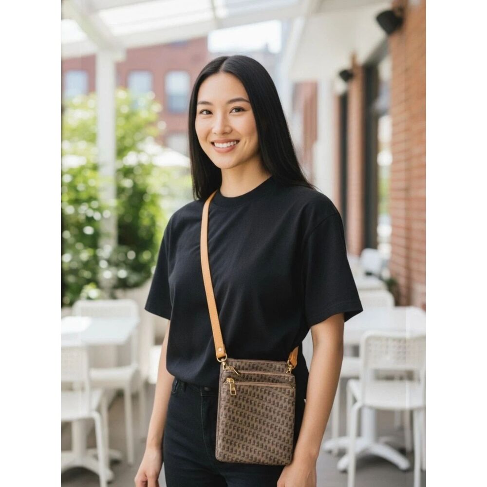 F Monogram Crossbody Bag Brown Tan Y2K Travel Purse Gold Zip Compact